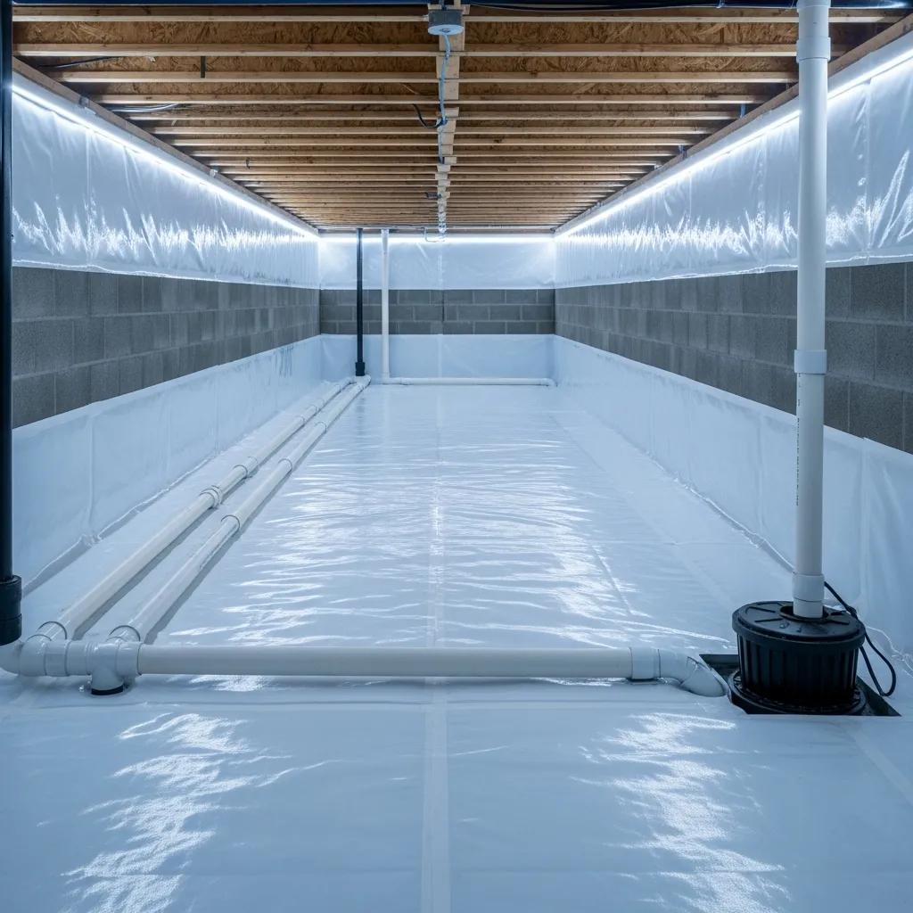 Crawl space encapsulation showcasing a clean environment with a vapor barrier