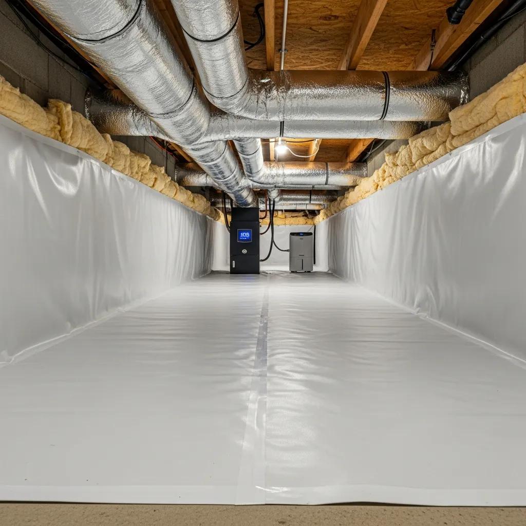 Crawl space with vapor barrier demonstrating moisture control benefits | effective basement solutions | effective basement solutions