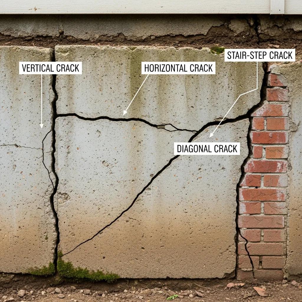 Different types of foundation cracks on a residential wall | effective basement solutions | effective basement solutions
