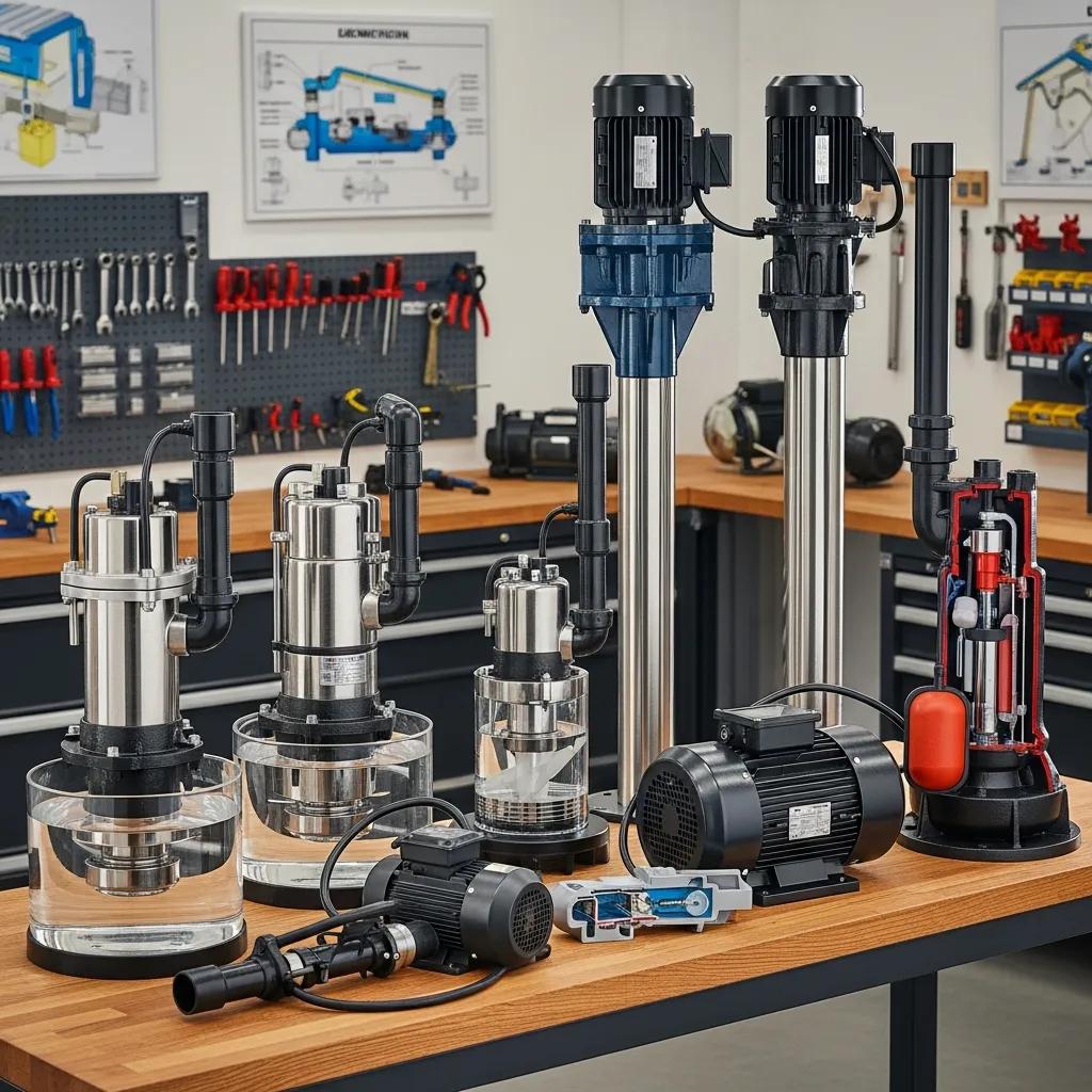 Different types of sump pumps including submersible and pedestal models in a workshop | effective basement solutions | effective basement solutions