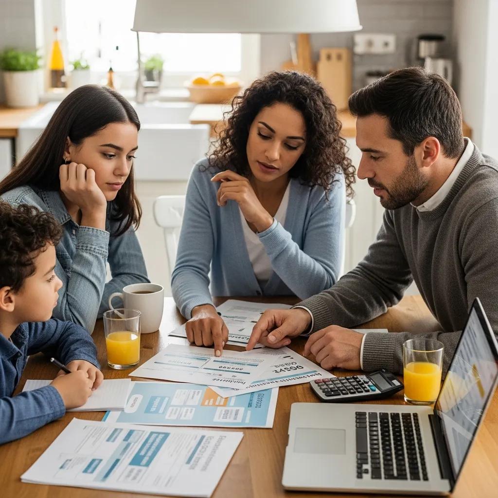 Family discussing basement waterproofing financing options at a kitchen table | effective basement solutions | effective basement solutions