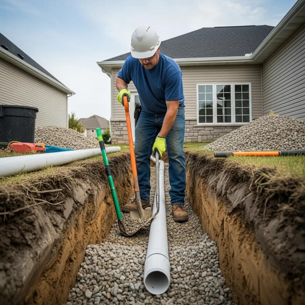 French drain installation process with technician working in trench