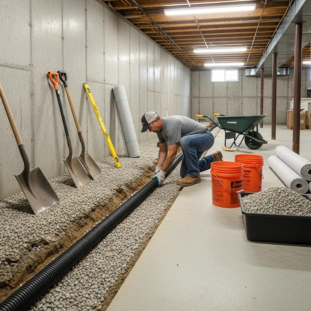 French drain system installation in a basement with a contractor and tools