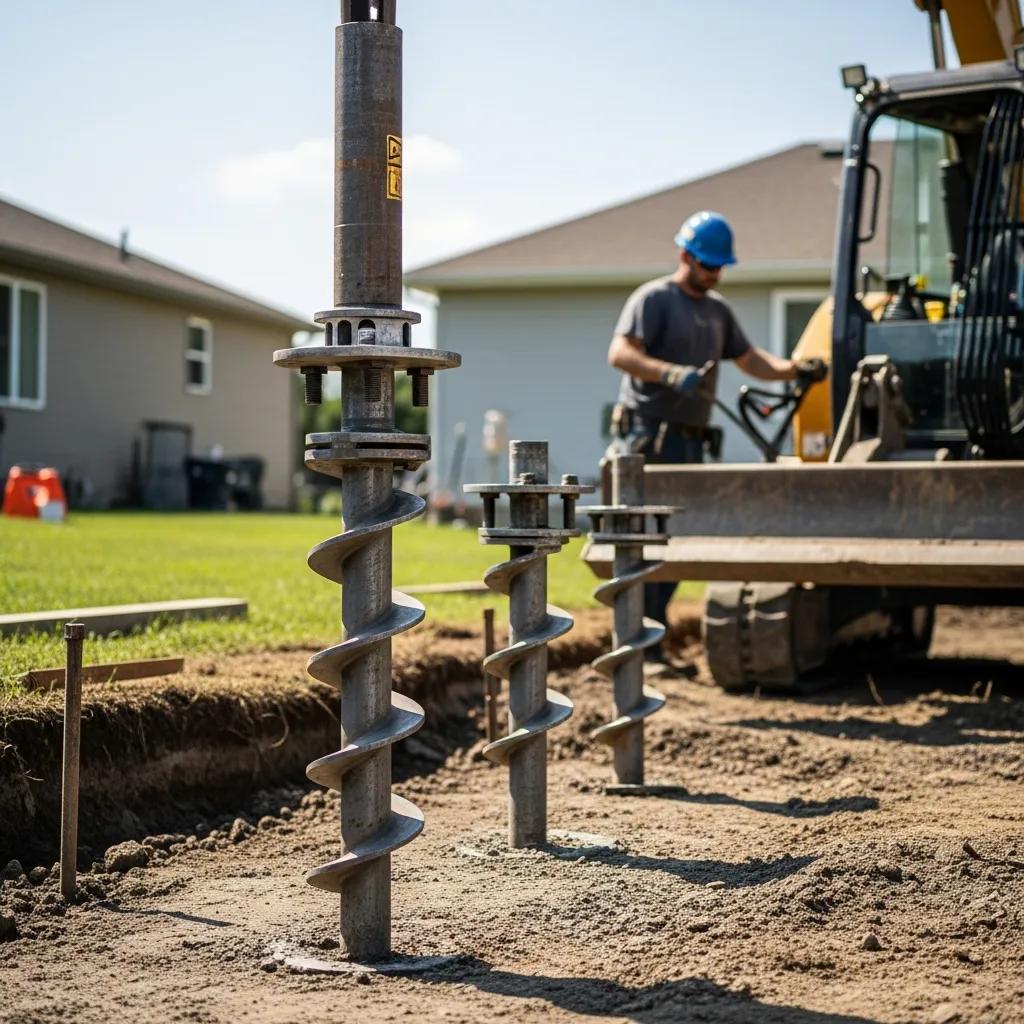 Helical piers installation process in a residential area, showcasing foundation repair techniques