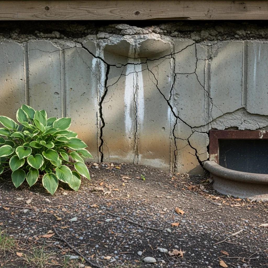 Home foundation with visible cracks and damage, highlighting signs of structural issues