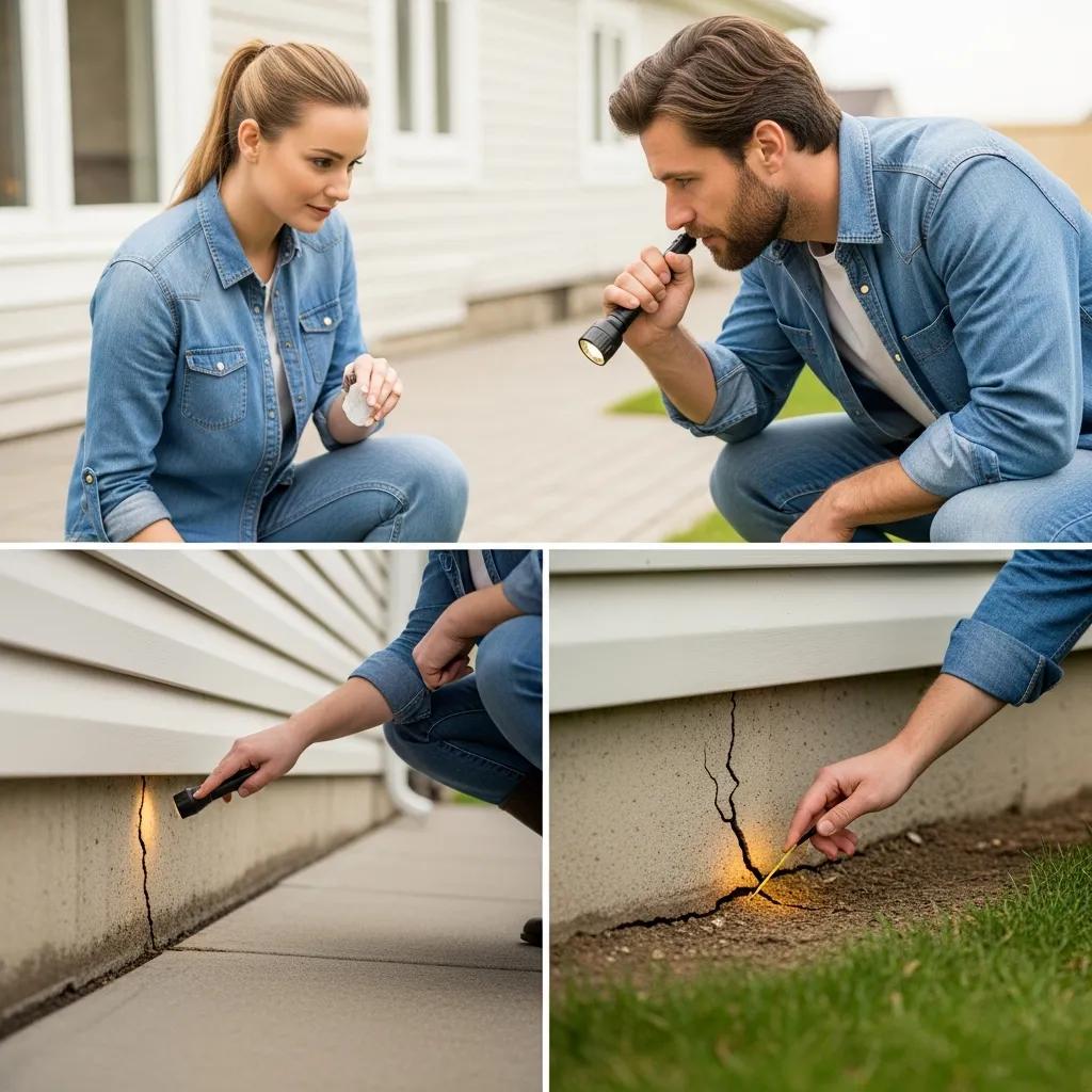 Homeowner inspecting foundation cracks to prevent pest entry