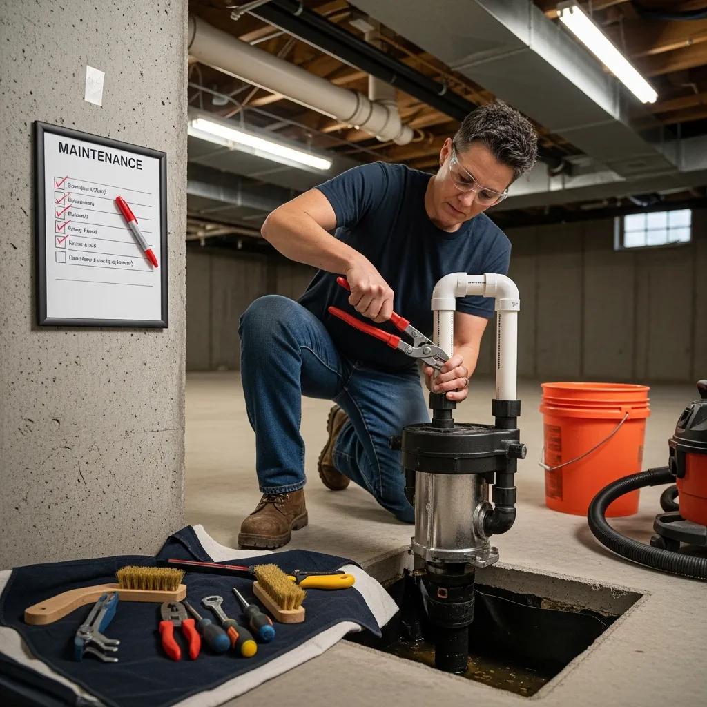 Homeowner performing maintenance on a sump pump in a basement setting | effective basement solutions | effective basement solutions