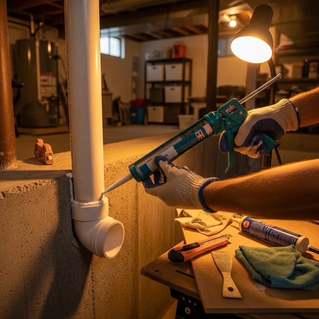 Homeowner sealing gaps around pipes in a basement, showcasing DIY home improvement