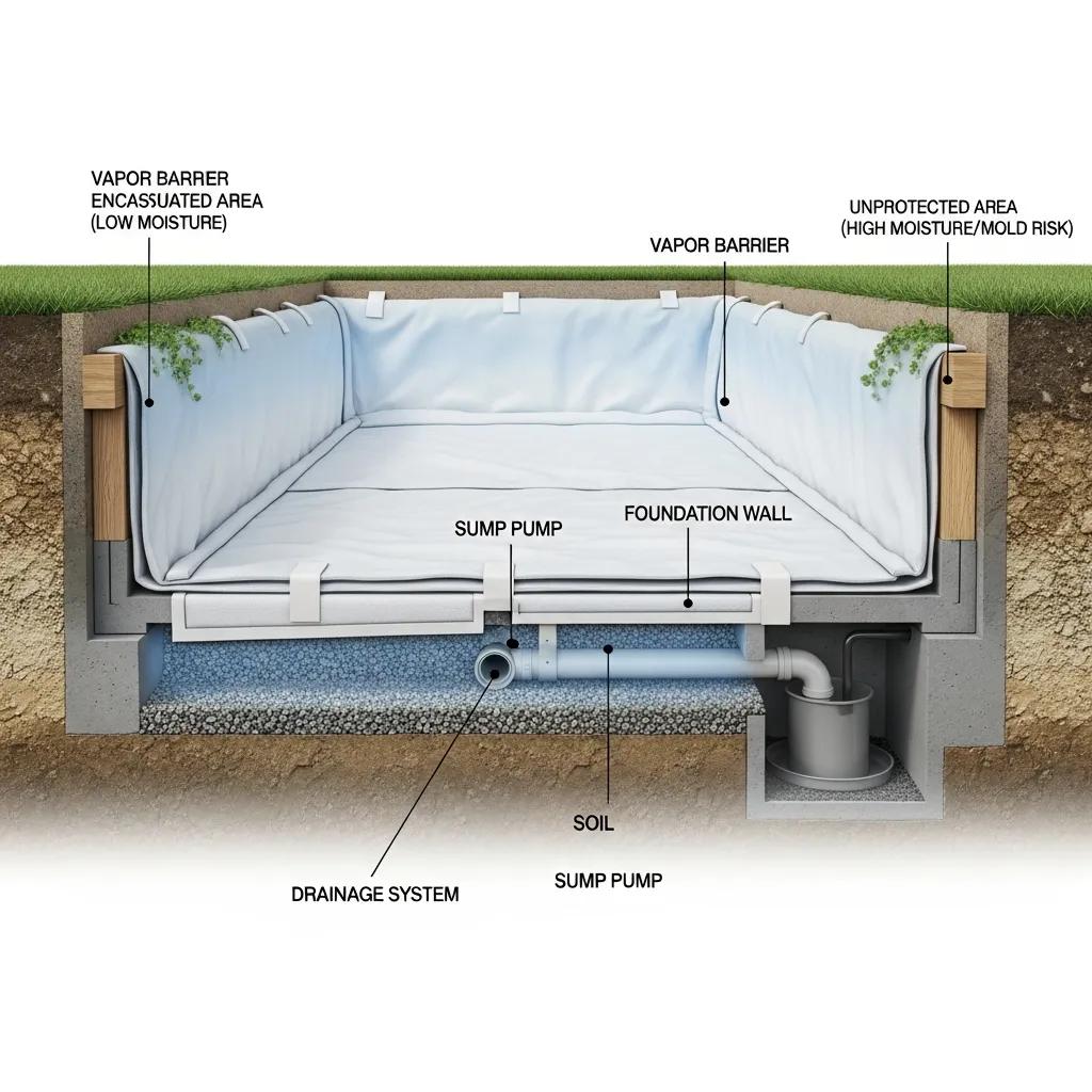Illustration of moisture control in a crawl space with vapor barrier and drainage system | effective basement solutions | effective basement solutions