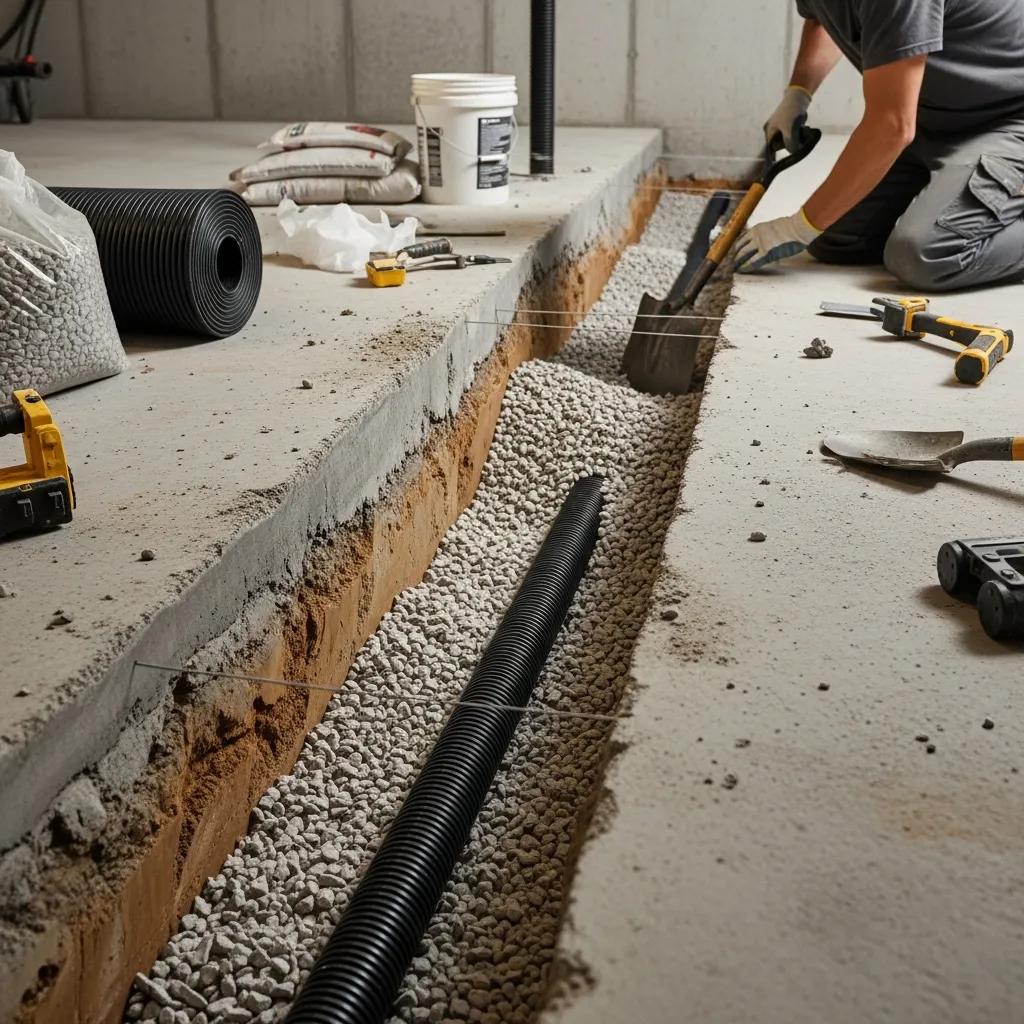 Installation of a french drain in a basement showing trench gravel and perforated pipe for groundwater management | effective basement solutions | effective basement solutions