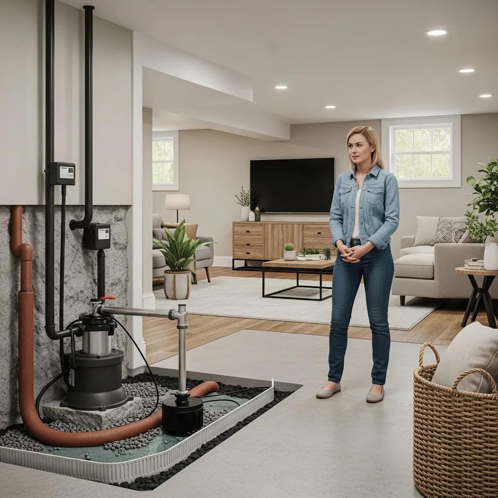 Interior basement waterproofing system showcasing a clean and dry environment with visible sump pump and French drain