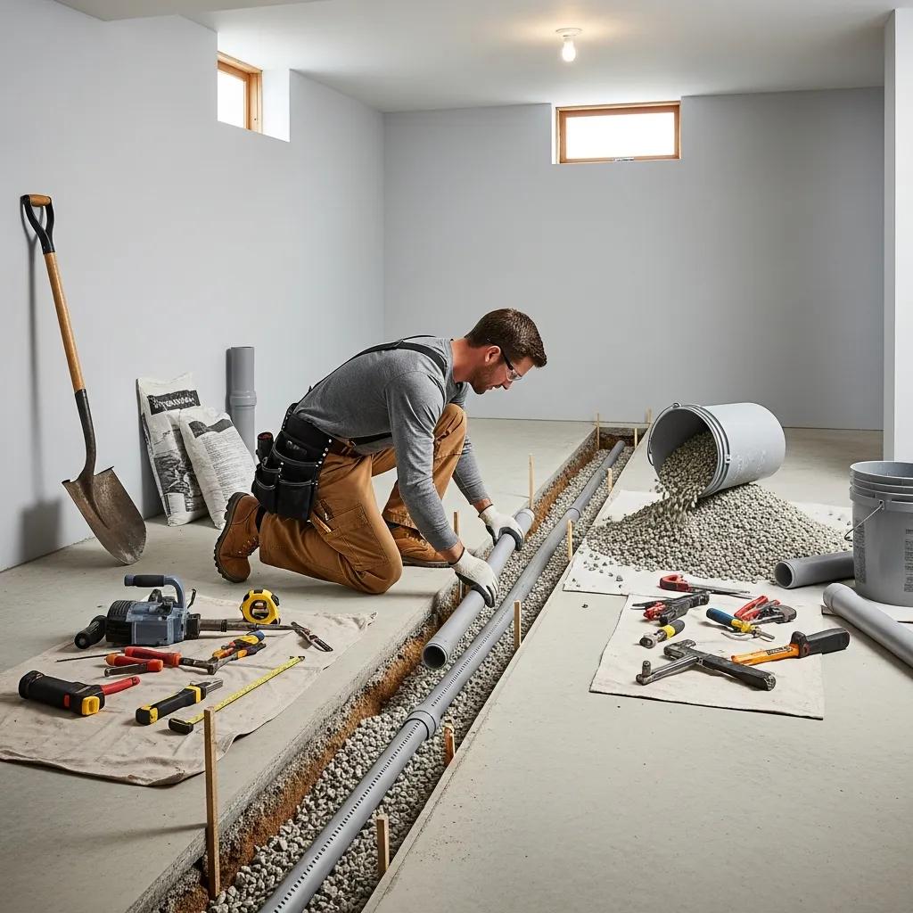 Interior drain tile installation in a basement with a contractor working on the system