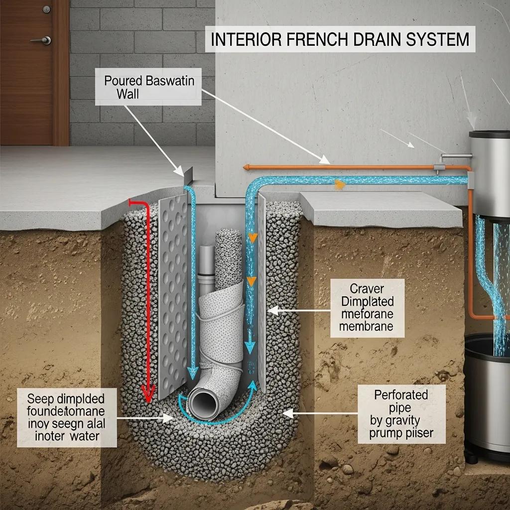 Interior french drain system in a basement with water being redirected | effective basement solutions | effective basement solutions