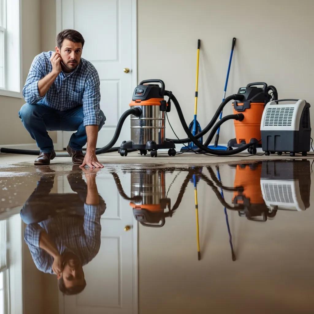 jersey-home-experiencing-water-damage-with-flooded-basement-and-homeowner-assessing-the-situation-d10849d5-b981-4c50-8fc6-a00ec1066df2webp Man kneeling by a flooded floor in a home operating water extraction equipment and hoses | effective basement solutions | effective basement solutions
