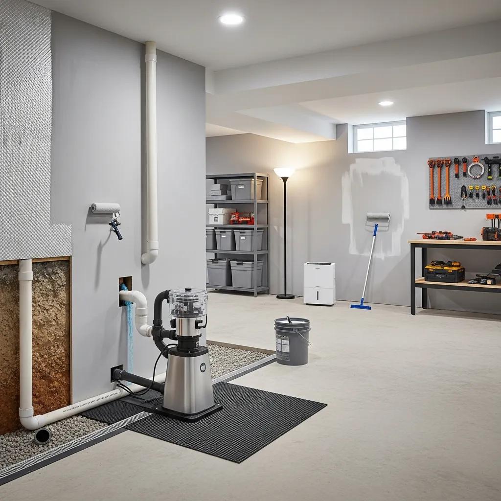 Modern basement waterproofing setup with sump pump and waterproof coatings