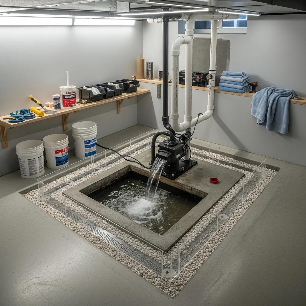 Modern basement waterproofing system with sump pump and drainage