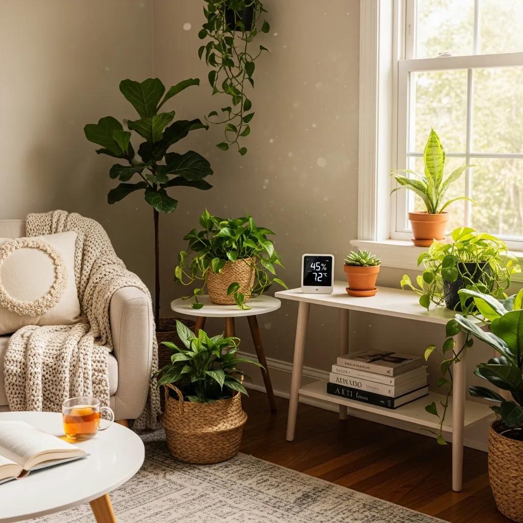 Modern humidity monitor in a cozy living room with indoor plants, highlighting indoor air quality
