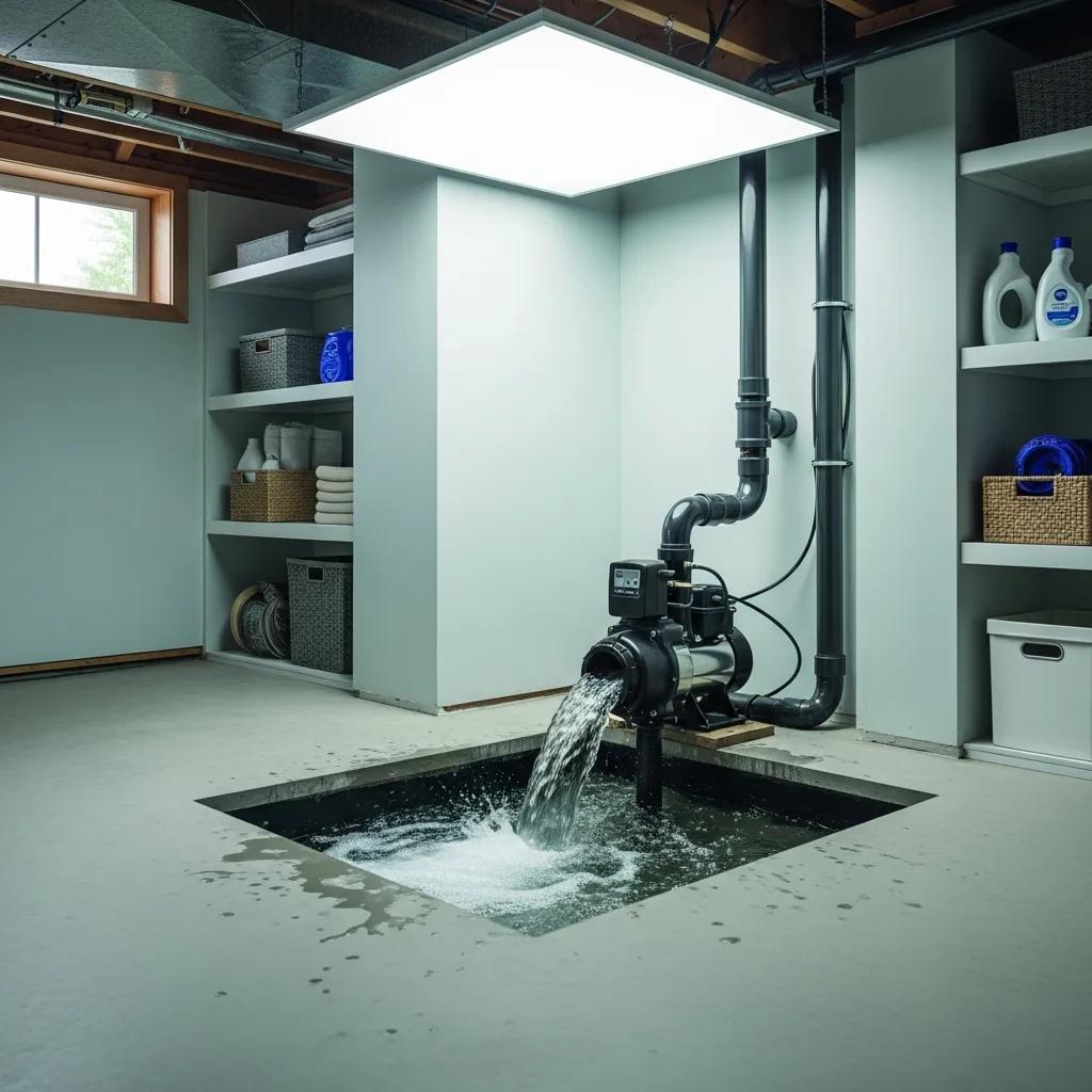 Modern sump pump in a clean basement, illustrating its role in preventing water damage