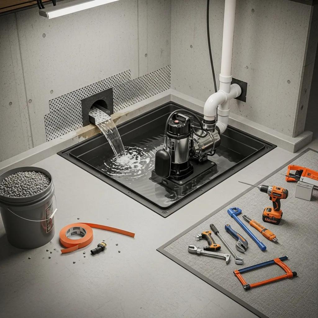 Modern sump pump installation in a basement, highlighting waterproofing solutions