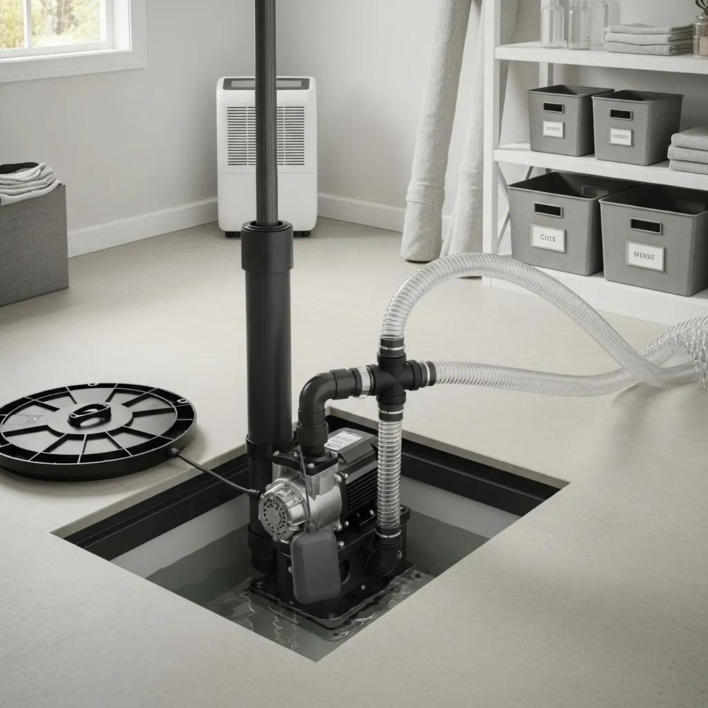 Modern sump pump system in a well-lit basement, showcasing its importance for water damage prevention