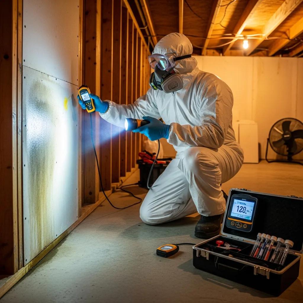 Mold remediation technician inspecting a home for mold in a basement