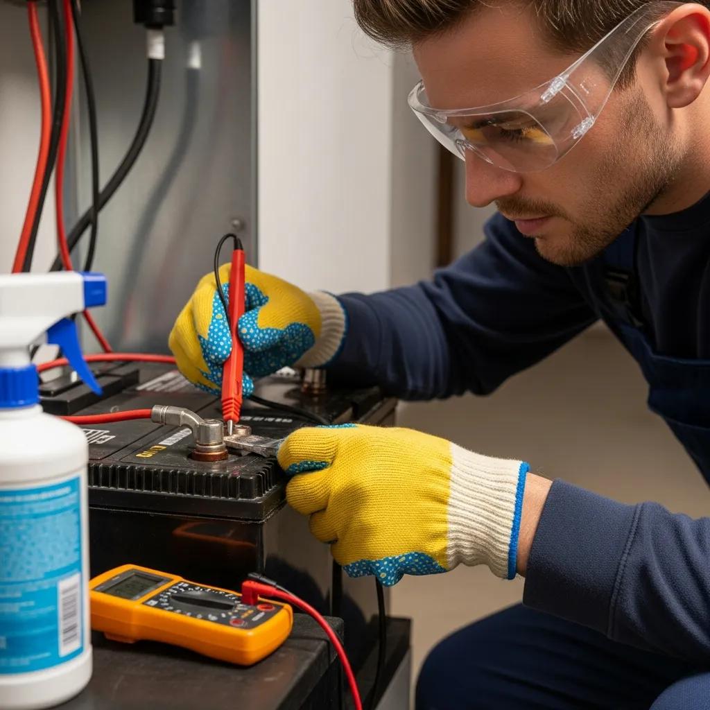 Person inspecting and cleaning a sump pump battery backup system in a basement | effective basement solutions | effective basement solutions