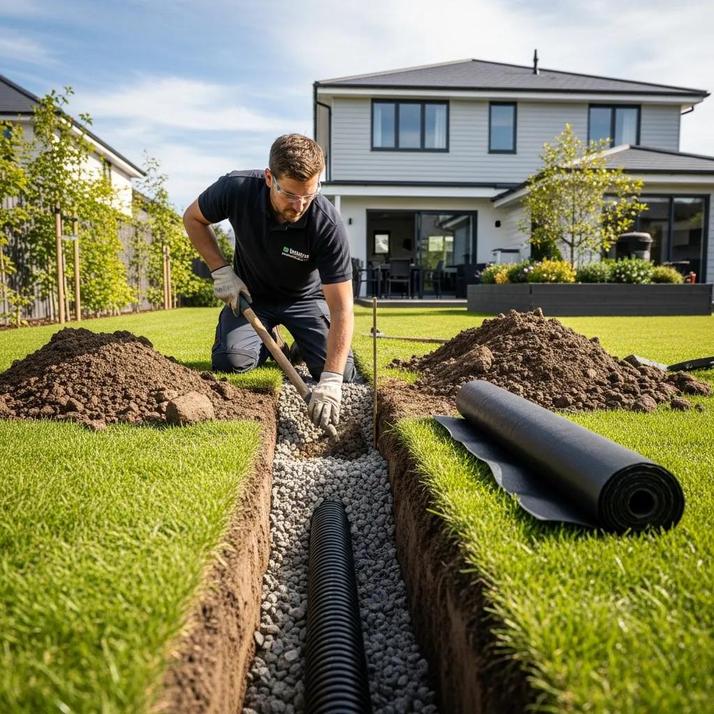 Professional contractor installing a French drain system in a residential backyard