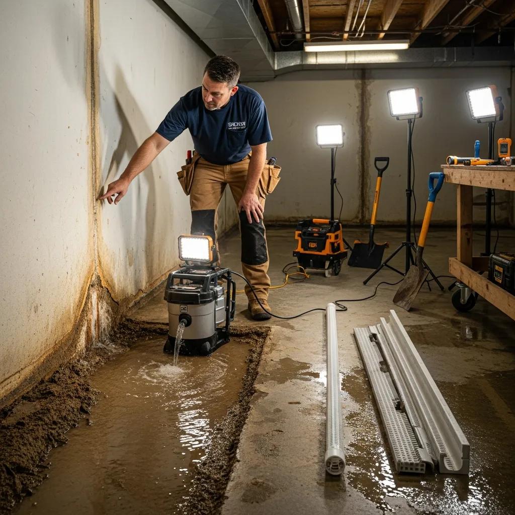Professional inspecting a wet basement with waterproofing tools, highlighting basement waterproofing solutions