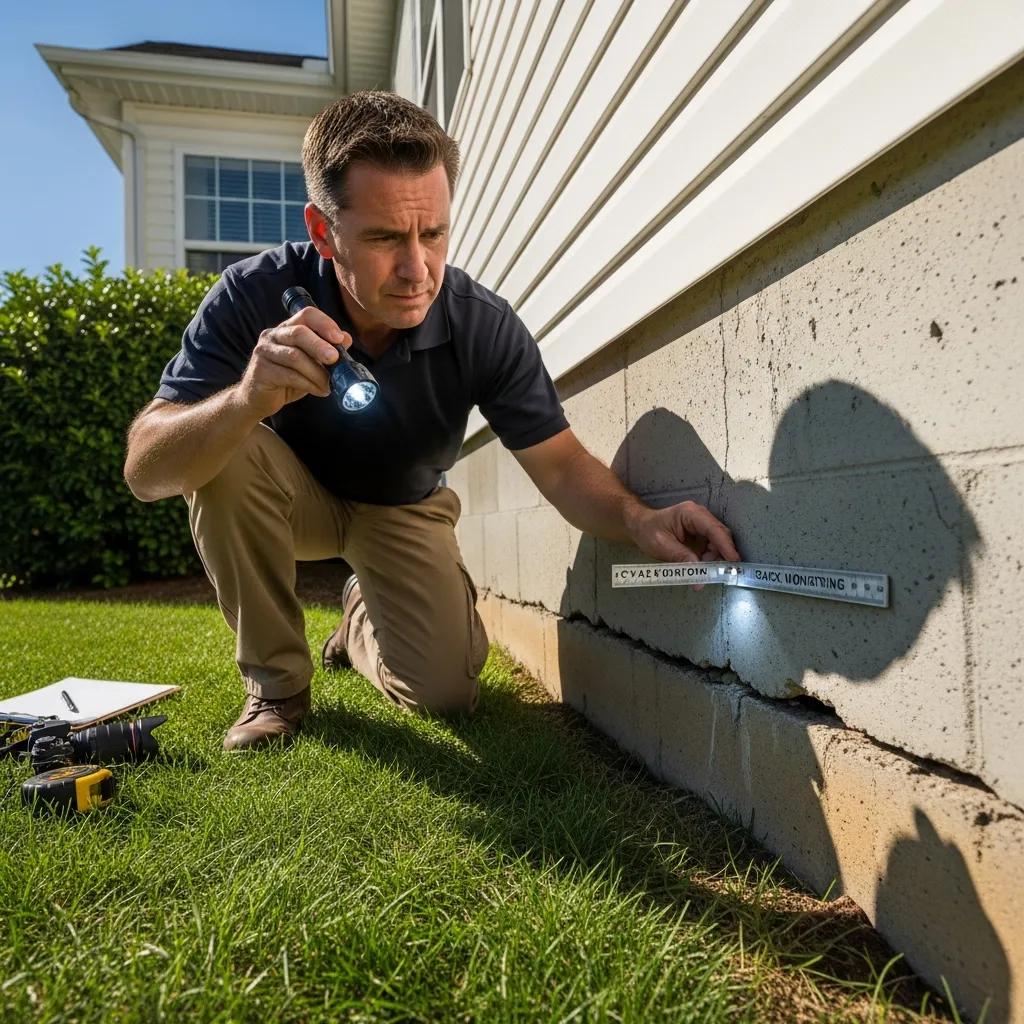 Professional inspecting foundation cracks in a New Jersey home