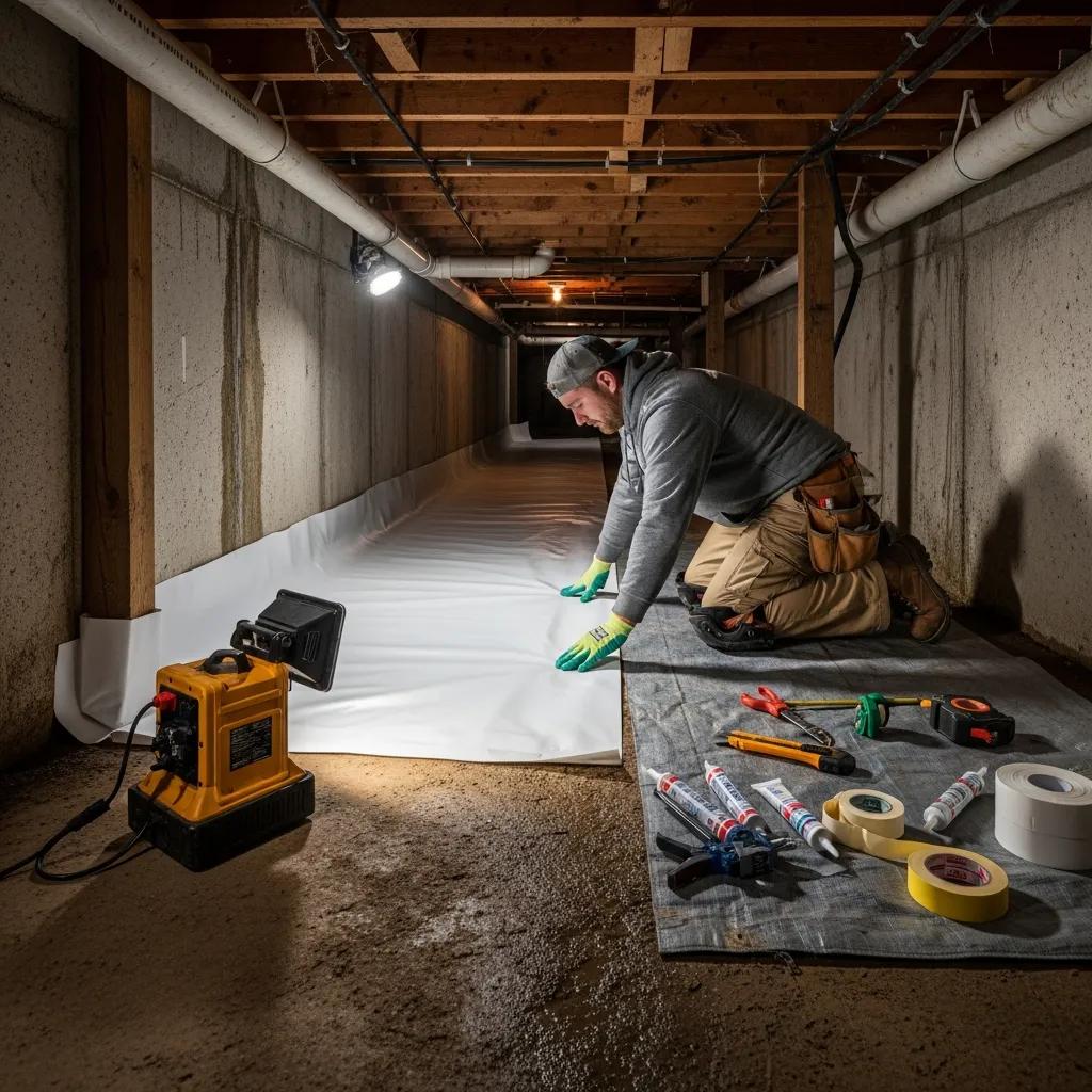 Professional installing a crawl space vapor barrier in a New Jersey home