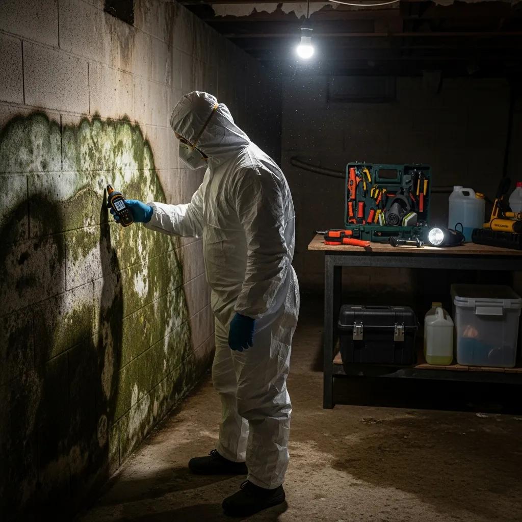 Professional mold inspector examining basement mold growth with moisture meter