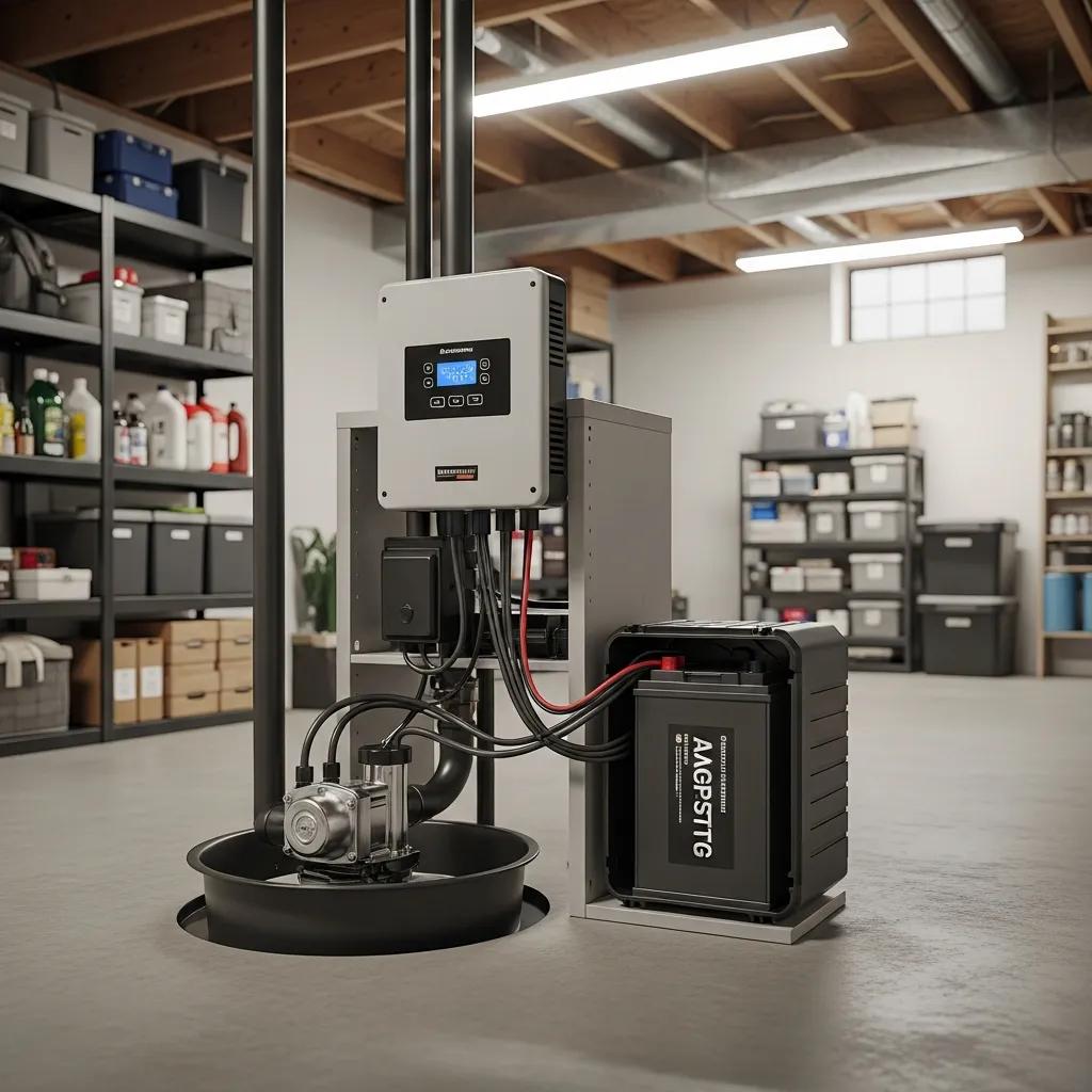 Sump pump battery backup system in a basement, highlighting reliability and safety features