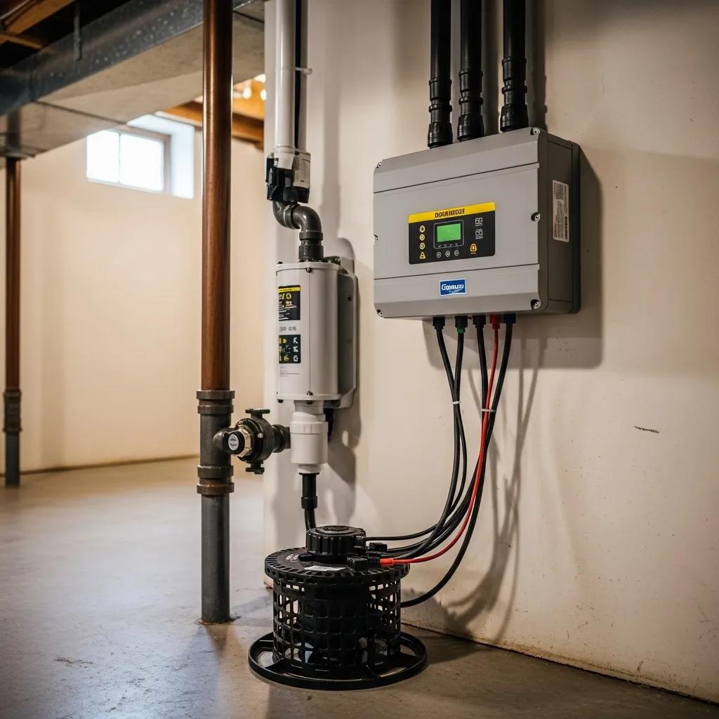 Sump pump battery backup system in a clean basement, highlighting its importance for homeowners