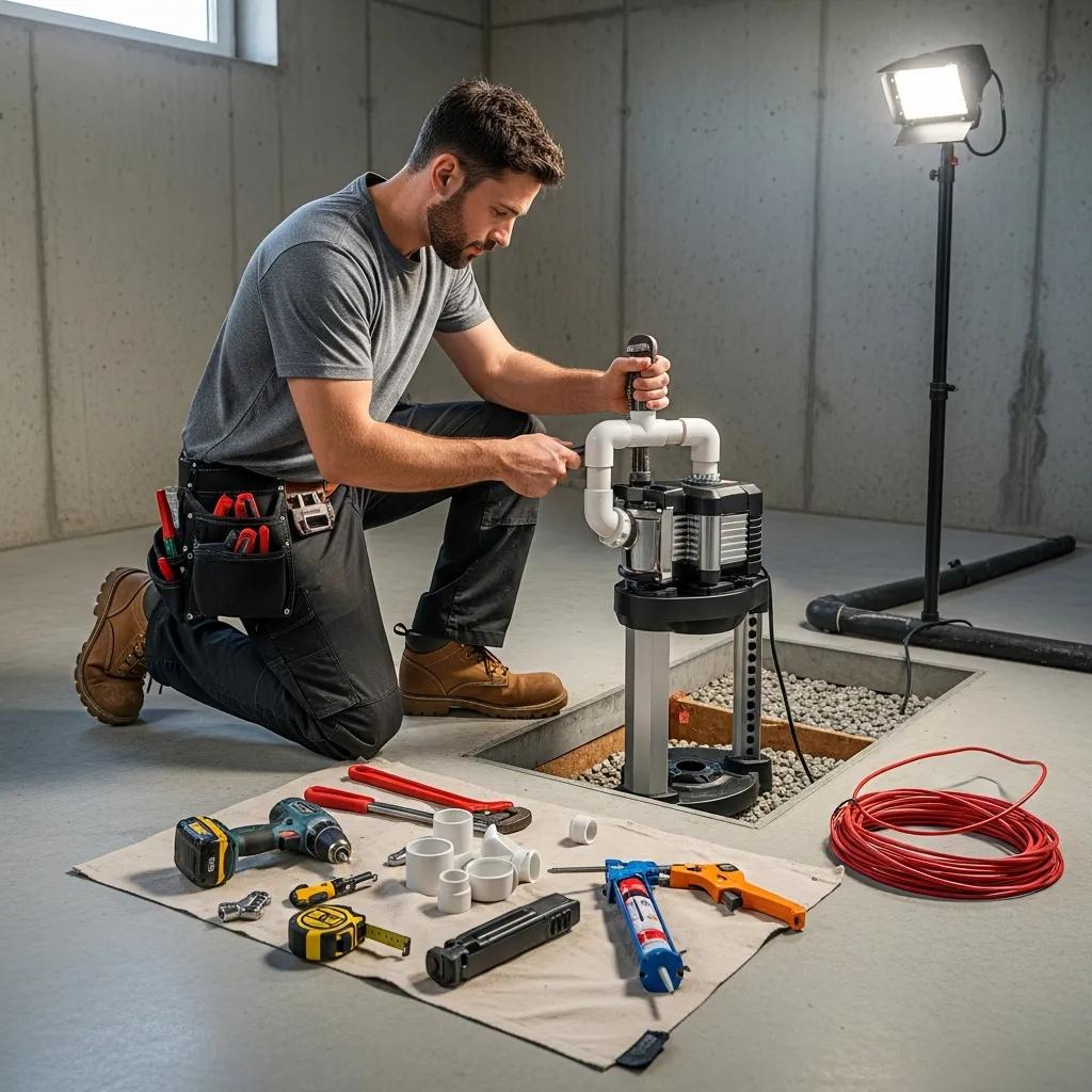Sump pump installation in a basement with a contractor at work | effective basement solutions | effective basement solutions