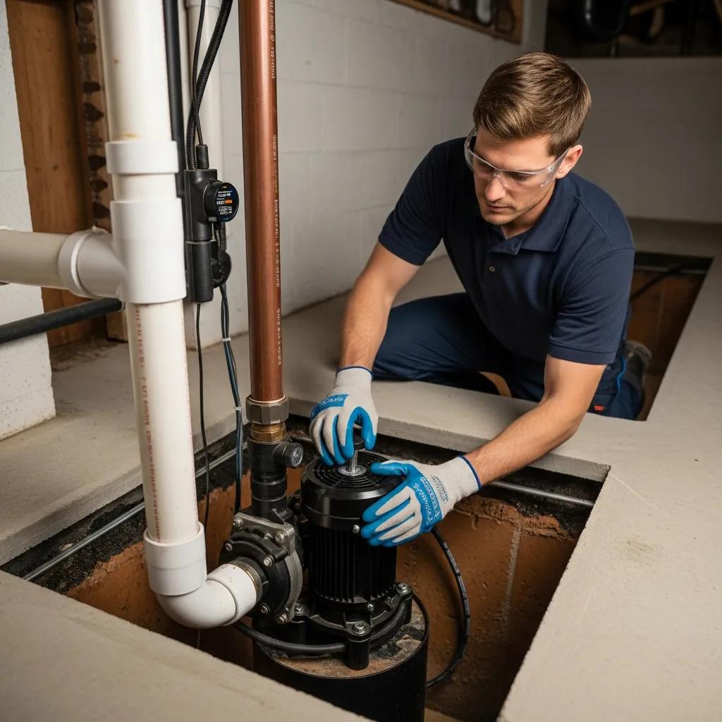 Sump pump installation in a basement with a technician ensuring proper setup