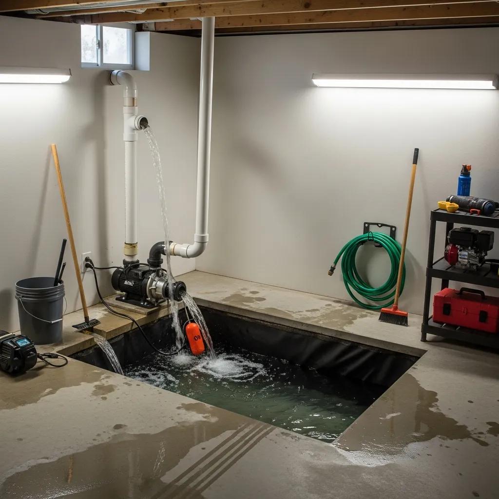Sump pump system actively removing water in a basement highlighting its efficiency in flood prevention | effective basement solutions | effective basement solutions