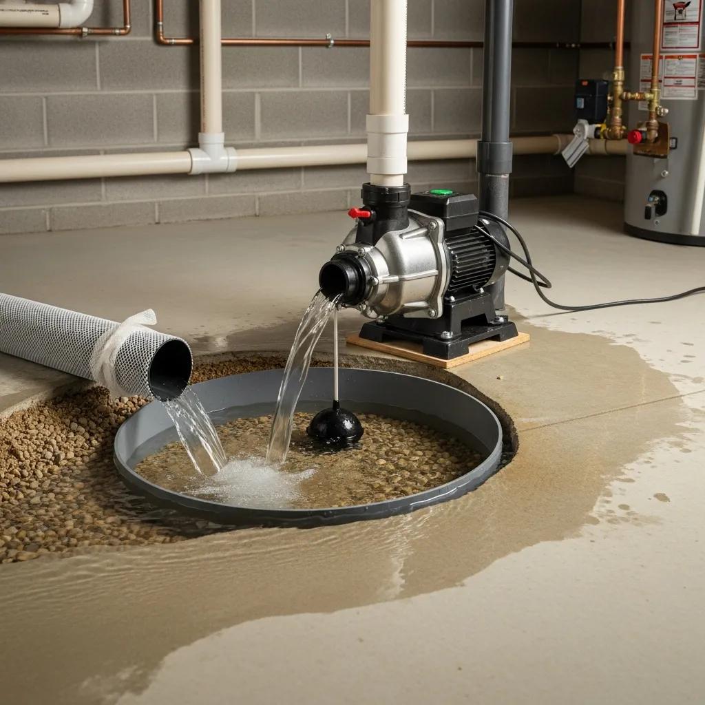 Sump pump system in a basement actively removing water | effective basement solutions | effective basement solutions