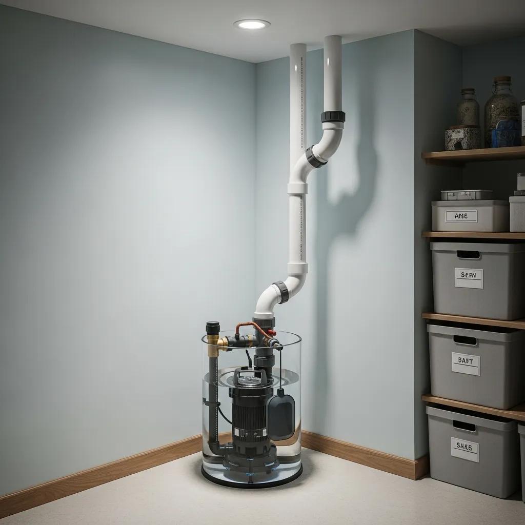 Sump pump system in a basement highlighting maintenance importance for homeowners