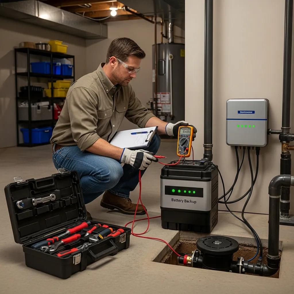 Technician inspecting a sump pump battery backup system highlighting the importance of professional maintenance | effective basement solutions | effective basement solutions