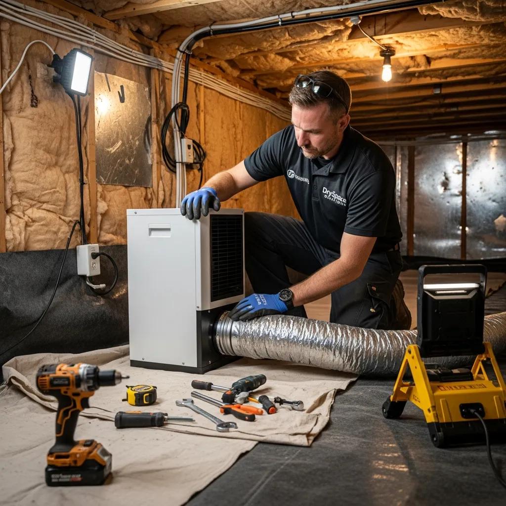 Technician installing a crawl space dehumidifier showcasing professional installation benefits | effective basement solutions | effective basement solutions