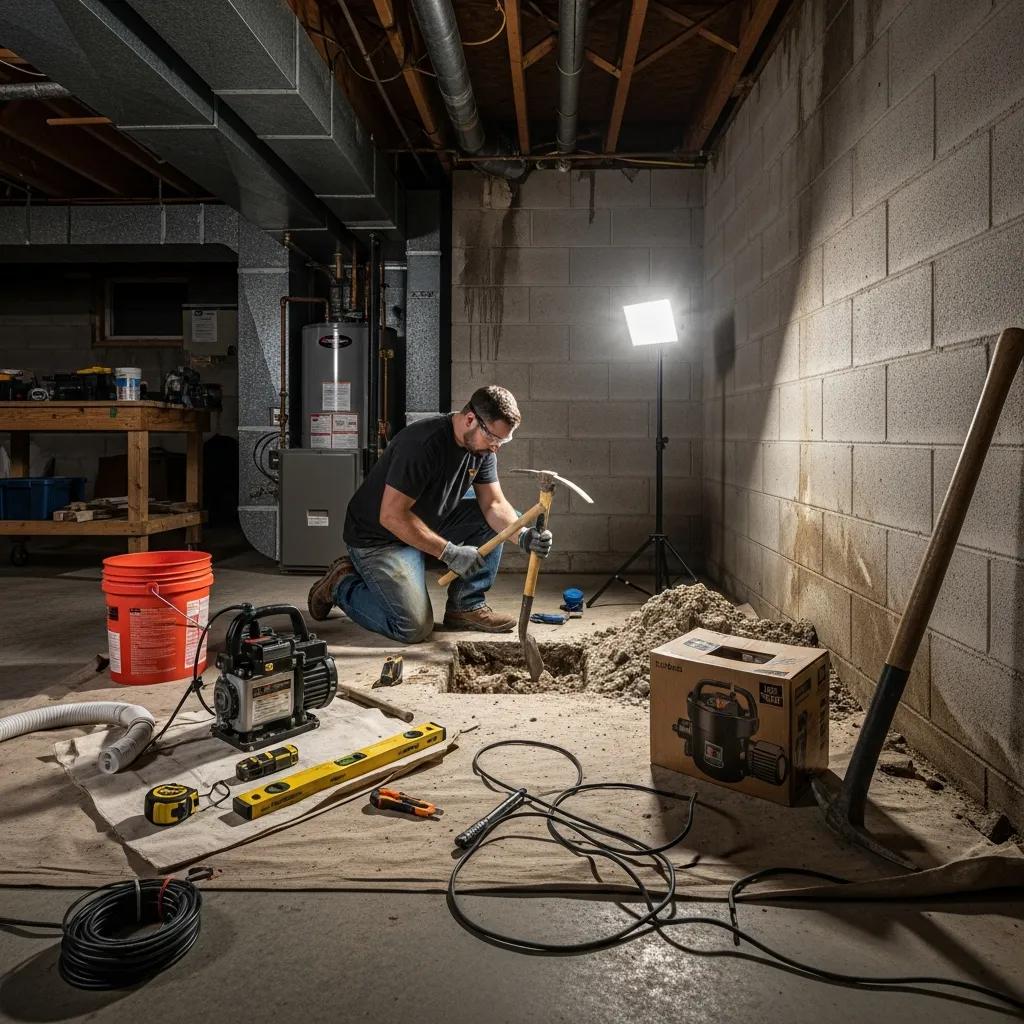 Technician installing a sump pump in a basement during a professional installation | effective basement solutions | effective basement solutions