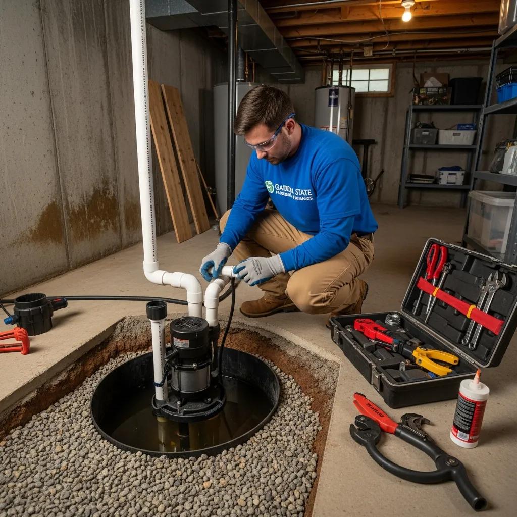 Technician installing a sump pump in a basement showcasing professional installation practices for effective water management | effective basement solutions | effective basement solutions