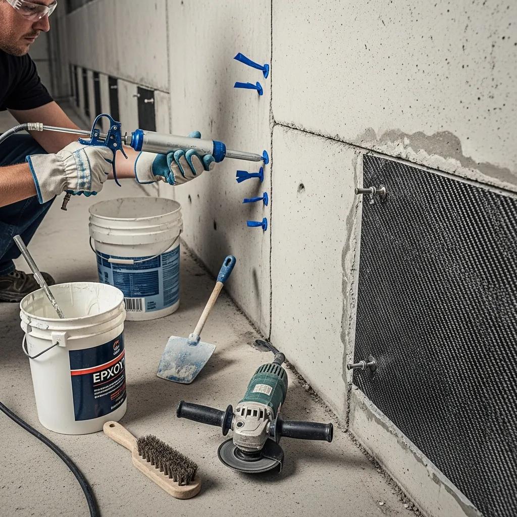 Technician performing crack injection for foundation repair | effective basement solutions | effective basement solutions