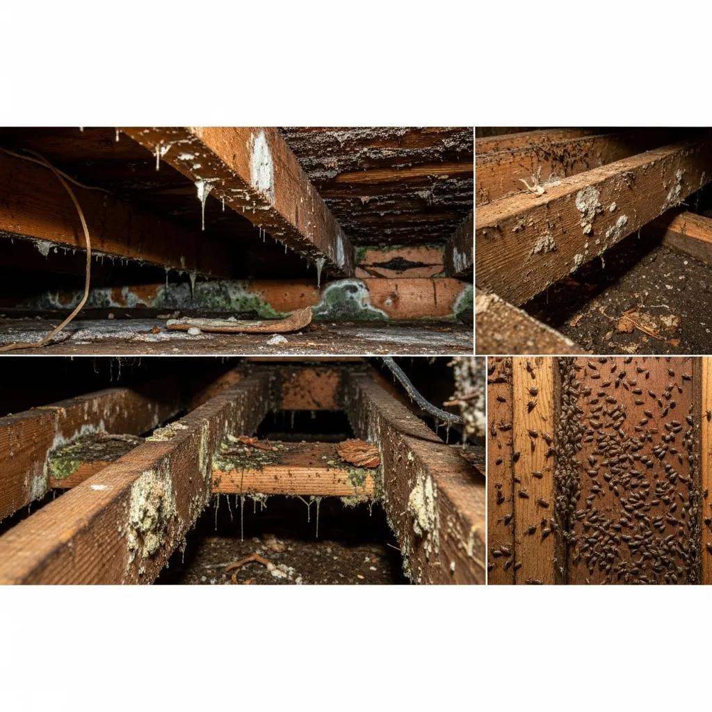 Visible mold and wood rot in a crawl space illustrating risks of high humidity | effective basement solutions | effective basement solutions