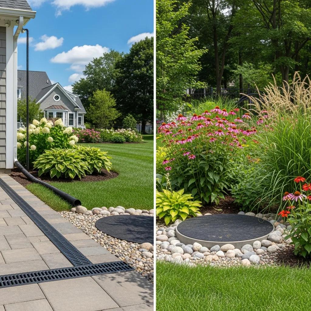 yard-drainage-solutions-including-dry-wells-and-rain-gardens-in-a--jersey-backyard-e2da36c6-d027-4c25-8a21-c6dbf4bbfbc1webp Split image of a manicured backyard left a paved patio with a drainage grate and a curved downspout white hydrangeas and green lawn right a stone edged circular garden bed with pink flowers and ornamental grasses by a wooded backdrop | effective basement solutions | effective basement solutions