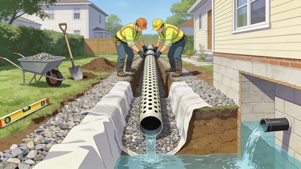 Installation of a french drain system demonstrating effective basement flood prevention methods | effective basement solutions | effective basement solutions