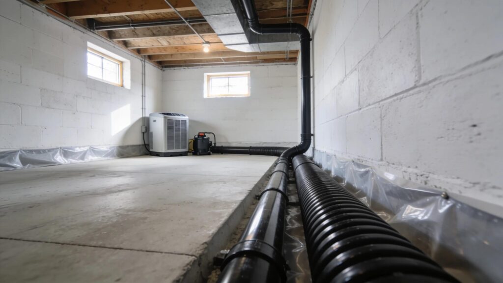 Basement with a modern french drain system and waterproofing solutions for effective moisture control | effective basement solutions | effective basement solutions