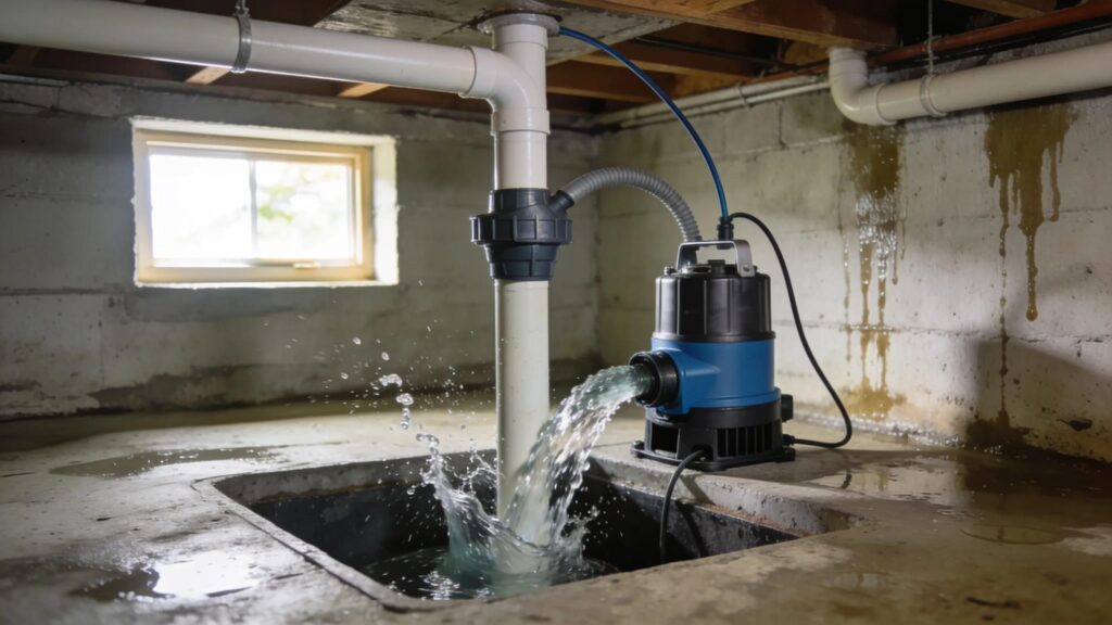 Installed sump pump in a basement showcasing effective water management | effective basement solutions | effective basement solutions
