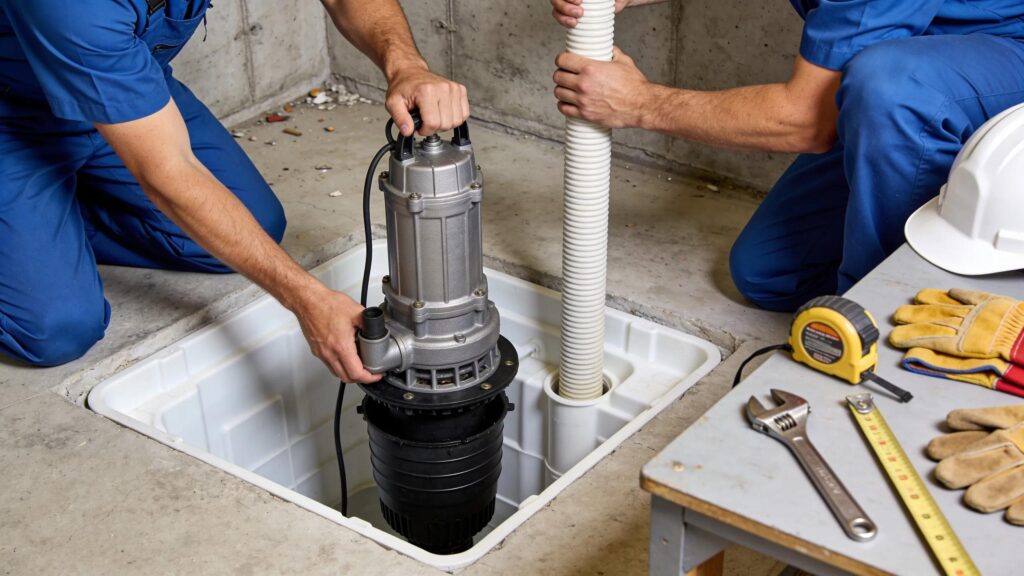 Sump pump installation showing its importance for moisture control | effective basement solutions | effective basement solutions