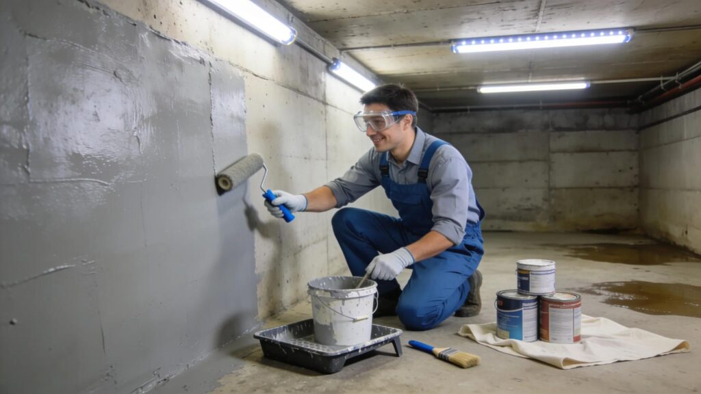 Professional contractor applying waterproof sealant in a bright clean basement environment | effective basement solutions | effective basement solutions